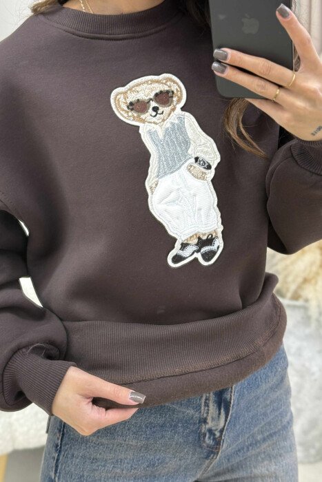 FRONT BEAR IMAGE FLUFFY WOMEN SWEATSHIRT DARK BROWN/KAE - 4