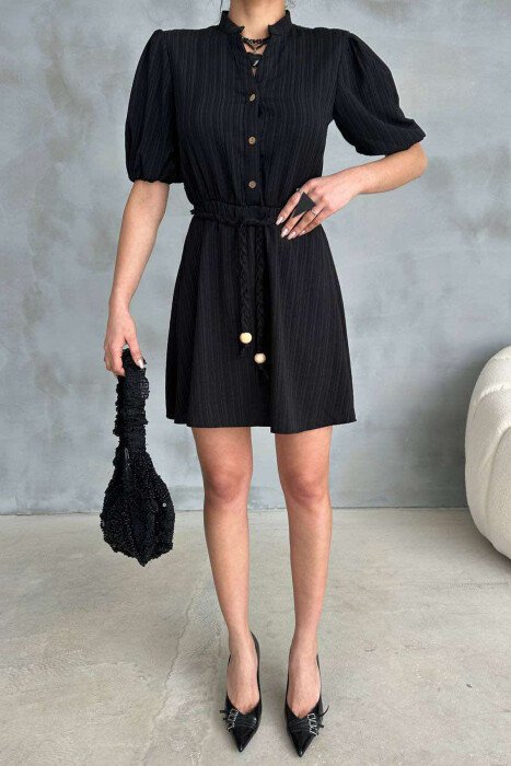 FRONT BUTTONS BELT DETAIL WOMEN DRESS BLACK/ E ZEZE - 3