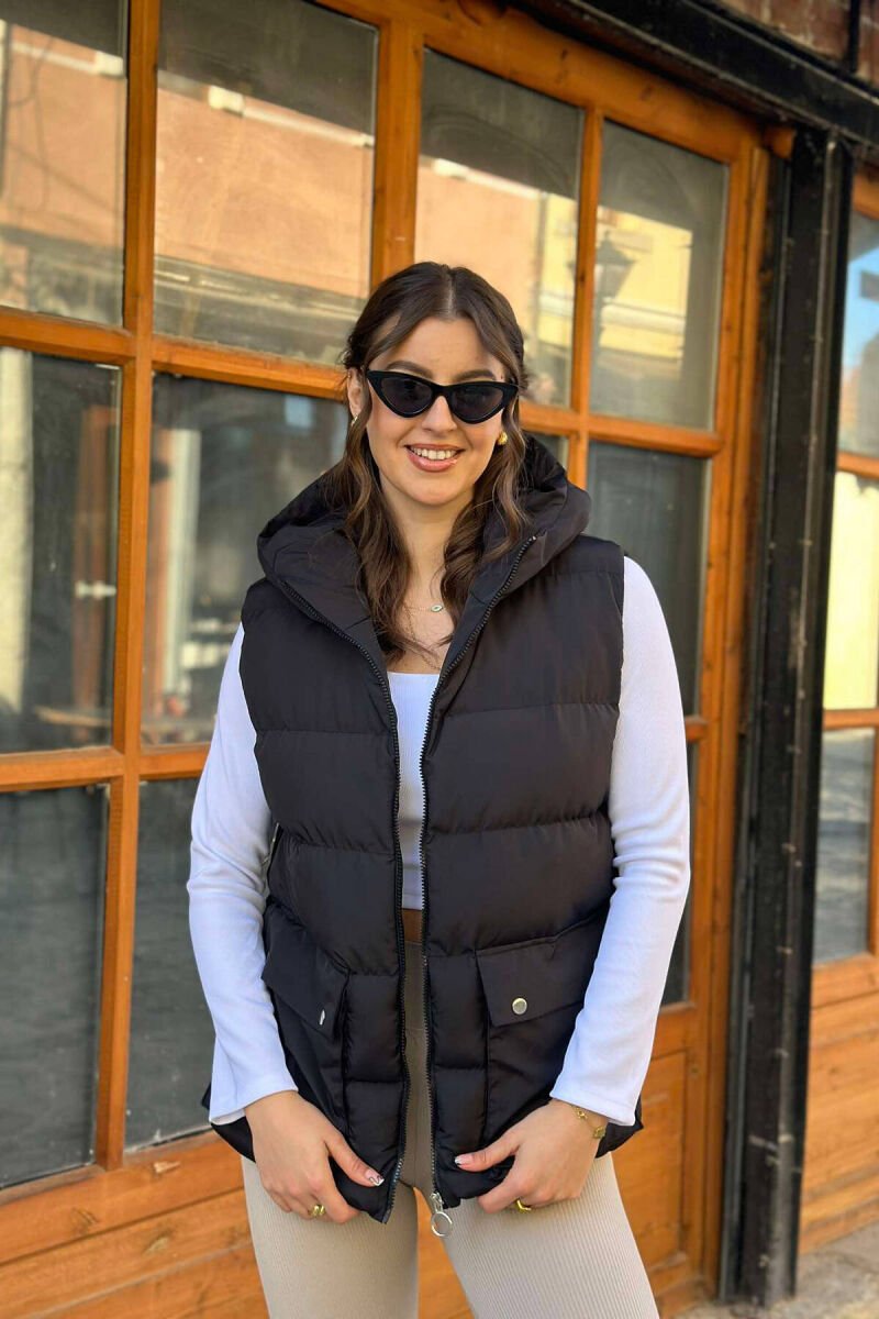 FRONT BUTTONS POCKET WOMEN VEST BLACK/ E ZEZE - 3