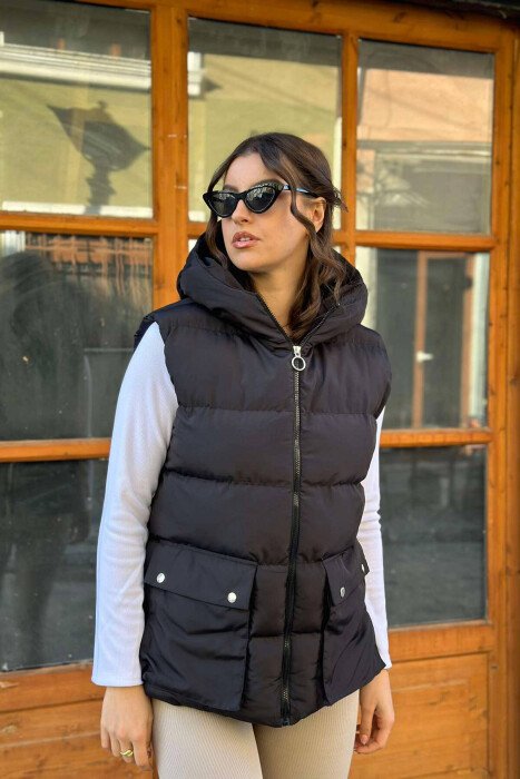 FRONT BUTTONS POCKET WOMEN VEST BLACK/ E ZEZE - KLAUDIO FASHION