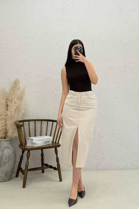 FRONT CUT DENIM WOMEN SKIRT BEIGE/BEZHE - KLAUDIO FASHION
