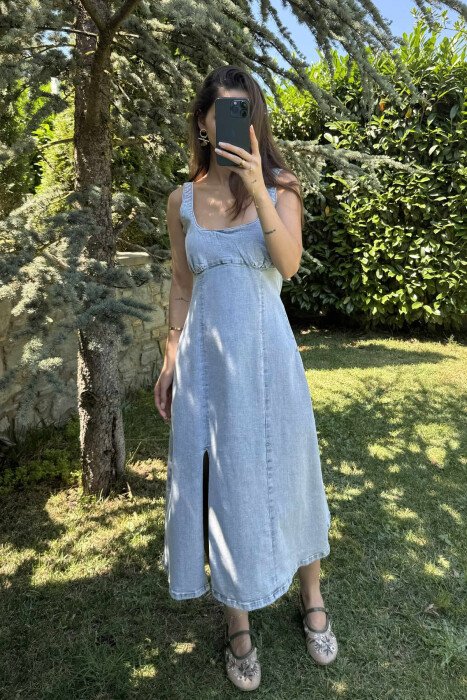 FRONT CUT LONG DENIM WOMEN DRESS LIGHTBLUE/BZ - 1