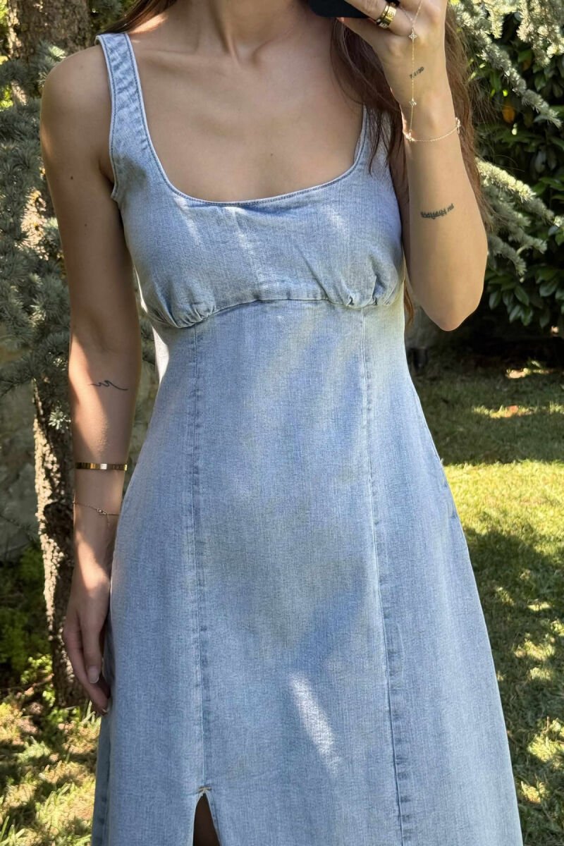FRONT CUT LONG DENIM WOMEN DRESS LIGHTBLUE/BZ - 2