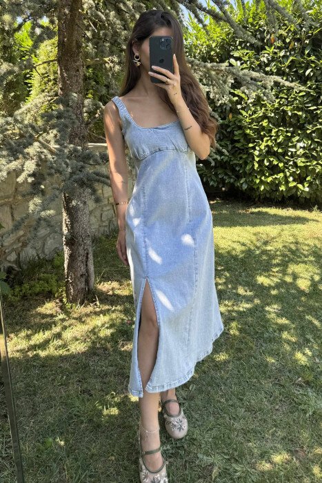 FRONT CUT LONG DENIM WOMEN DRESS LIGHTBLUE/BZ - 4