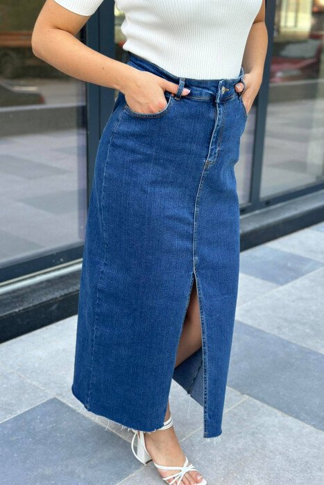 FRONT CUT LONG DENIM WOMEN SKIRT BLUE/BLU - KLAUDIO FASHION