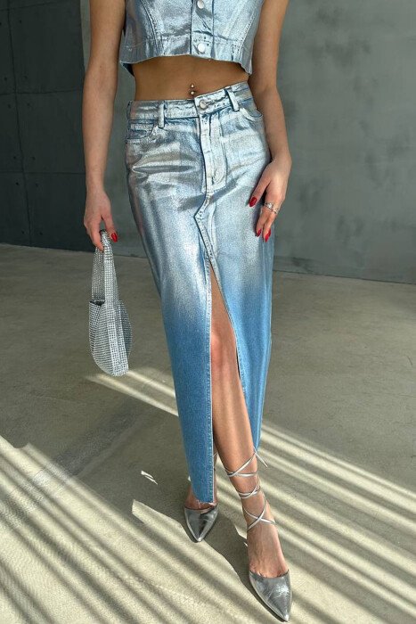 FRONT CUT SILVER DETAILS WOMEN SKIRT LIGHTBLUE/BZ - KLAUDIO FASHION