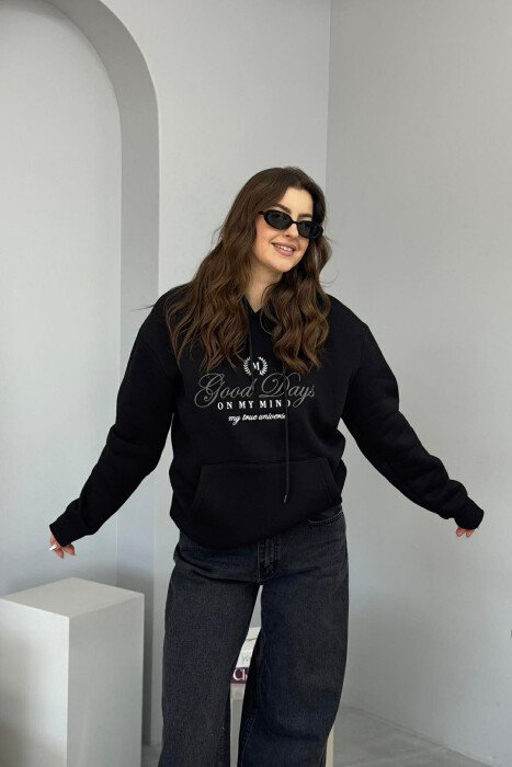 FRONT DESIGN FLUFFY ONE COLOR WOMEN HOODIE BLACK/ E ZEZE - 1