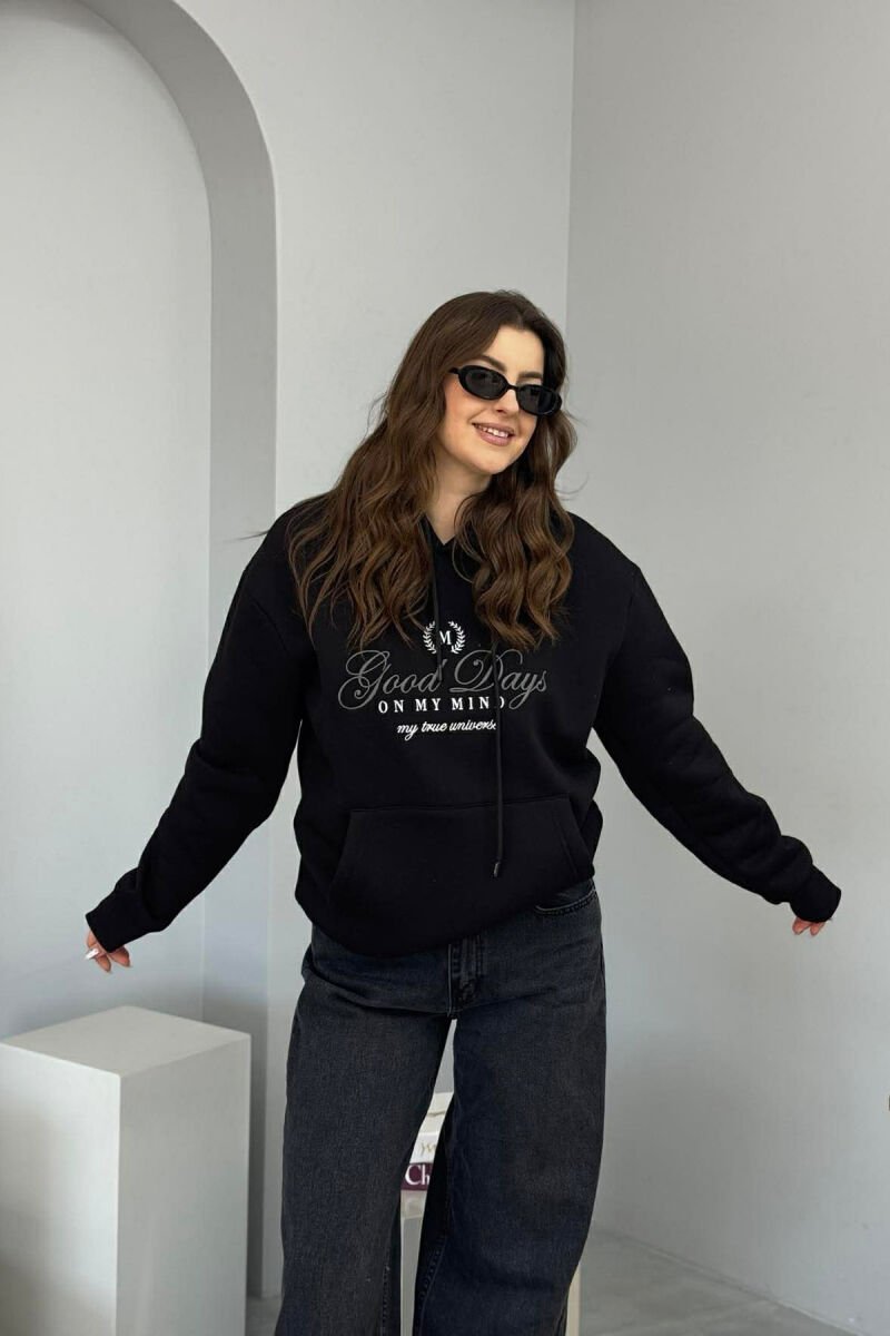 FRONT DESIGN FLUFFY ONE COLOR WOMEN HOODIE BLACK/ E ZEZE - 1