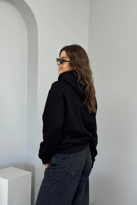 FRONT DESIGN FLUFFY ONE COLOR WOMEN HOODIE BLACK/ E ZEZE - 2