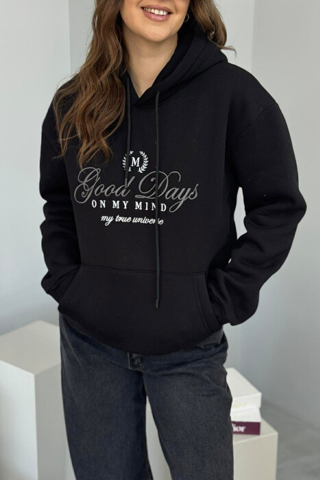 FRONT DESIGN FLUFFY ONE COLOR WOMEN HOODIE BLACK/ E ZEZE - 3