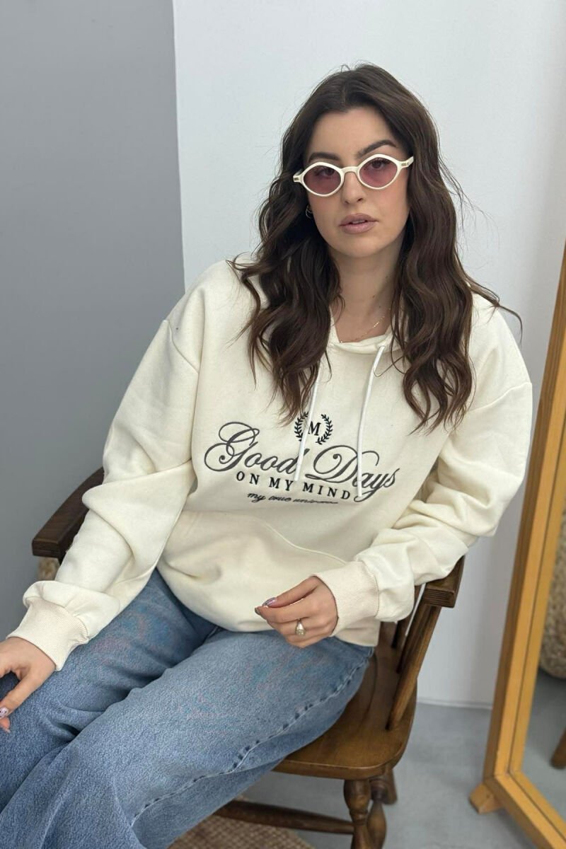 FRONT DESIGN FLUFFY ONE COLOR WOMEN HOODIE CREAM/KREM - 3