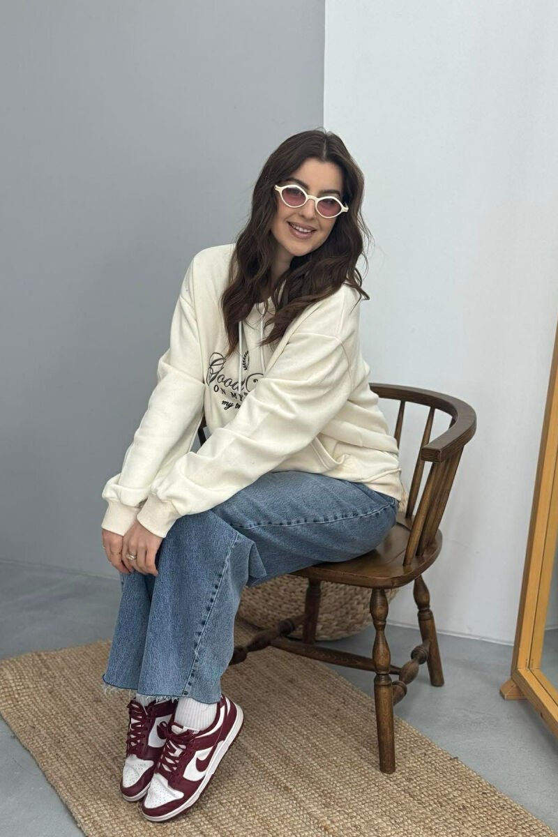 FRONT DESIGN FLUFFY ONE COLOR WOMEN HOODIE CREAM/KREM - 2