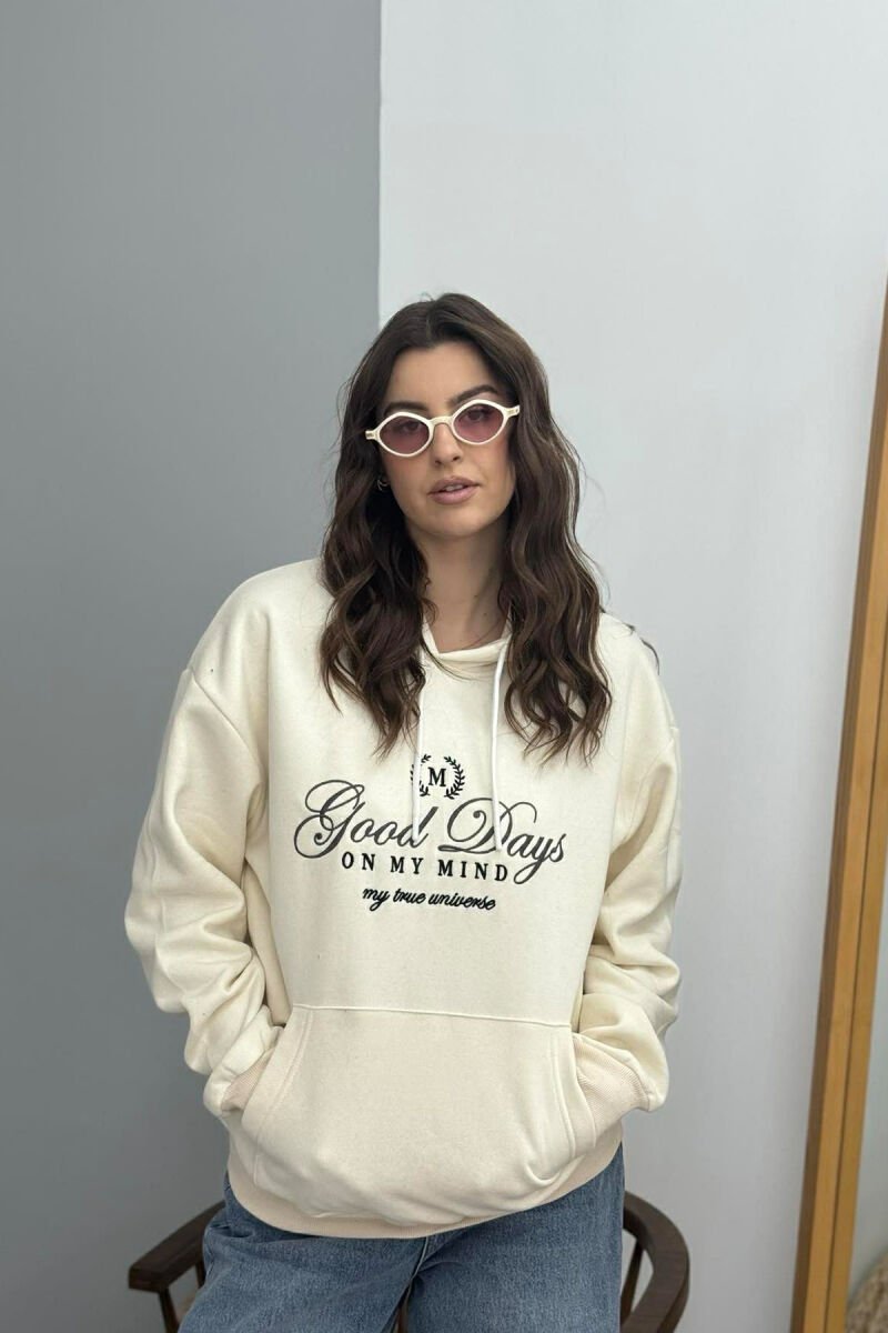 FRONT DESIGN FLUFFY ONE COLOR WOMEN HOODIE CREAM/KREM - 1
