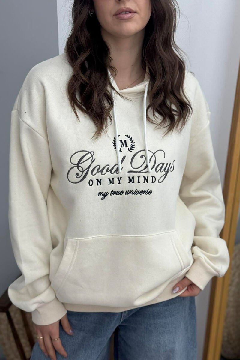 FRONT DESIGN FLUFFY ONE COLOR WOMEN HOODIE CREAM/KREM - 4