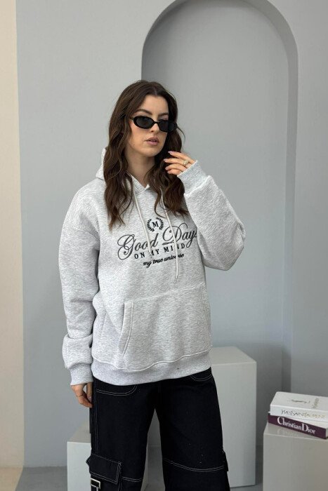 FRONT DESIGN FLUFFY ONE COLOR WOMEN HOODIE LIGHT GREY/GZ - 