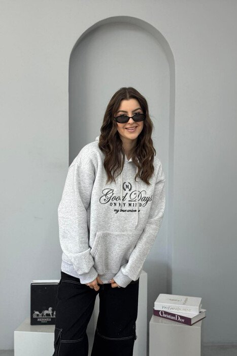 FRONT DESIGN FLUFFY ONE COLOR WOMEN HOODIE LIGHT GREY/GZ - 2