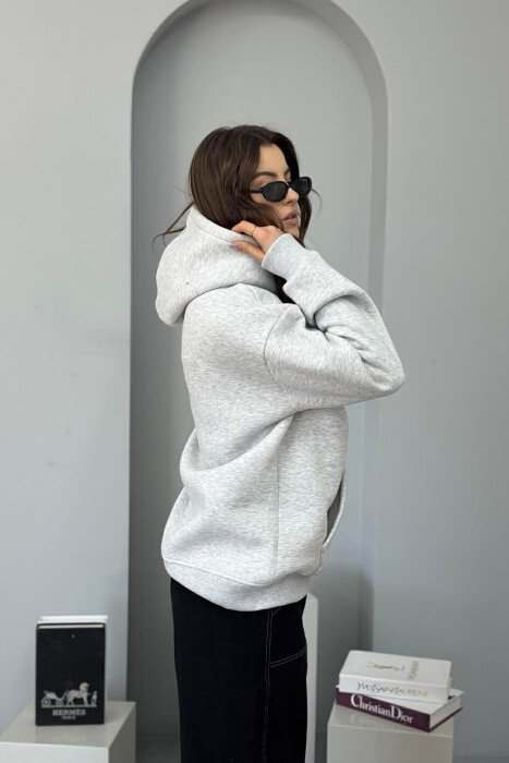FRONT DESIGN FLUFFY ONE COLOR WOMEN HOODIE LIGHT GREY/GZ - 3