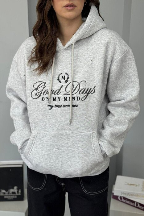 FRONT DESIGN FLUFFY ONE COLOR WOMEN HOODIE LIGHT GREY/GZ - 4