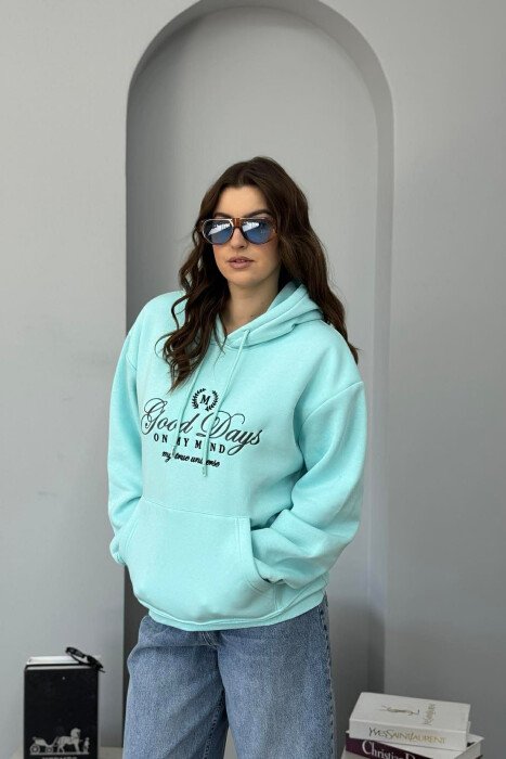 FRONT DESIGN FLUFFY ONE COLOR WOMEN HOODIE LIGHTBLUE/BZ - 