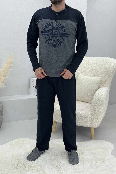 FRONT DESIGN SWEATSHIRT+SWEATPANTS MEN PYJAMAS DARK BLUE/BEE - 1