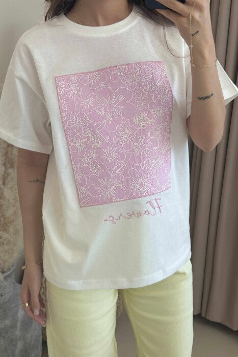 FRONT FLOWERS DESIGN WOMEN T-SHIRT WHITE-E BARDHE - 3