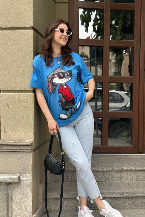 FRONT IMAGE BACK WRITTINGS WOMEN T-SHIRT + 6 PAIR SOCKS BLUE/BLU - 5