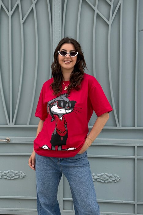 FRONT IMAGE BACK WRITTINGS WOMEN T-SHIRT + 6 PAIR SOCKS RED/E KUQE - KLAUDIO FASHION