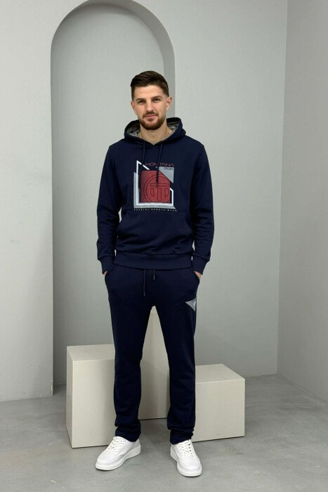 SET HOODIE ME IMAZH NE PJESEN PARA + TUTA PER MESHKUJ NE NGJYRE BLU + TE KUQE - KLAUDIO FASHION