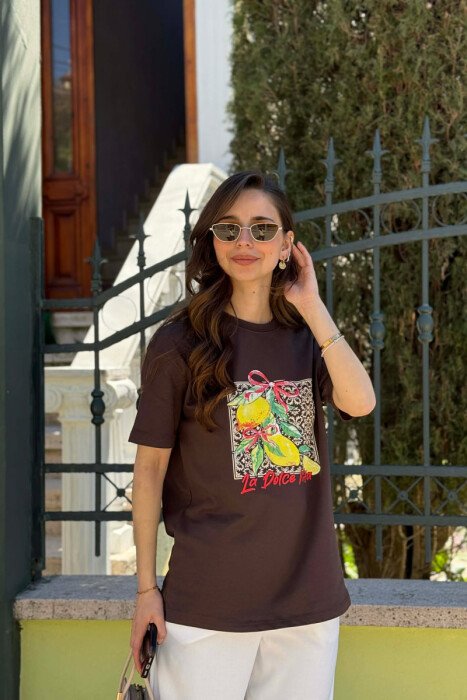 FRONT IMAGE ONE COLOR WOMAN T-SHIRT BROWN/KAFE - 