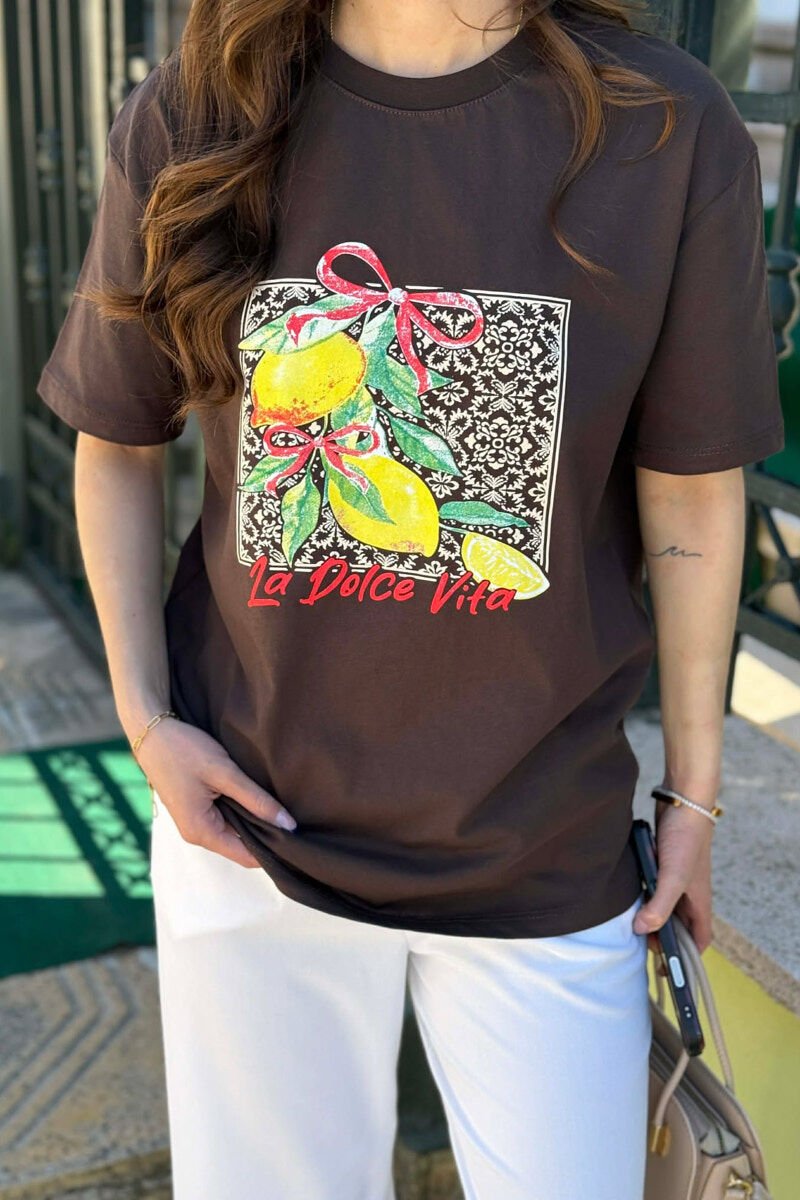 FRONT IMAGE ONE COLOR WOMAN T-SHIRT BROWN/KAFE - 3