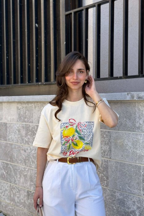 FRONT IMAGE ONE COLOR WOMAN T-SHIRT CREAM/KREM - 1