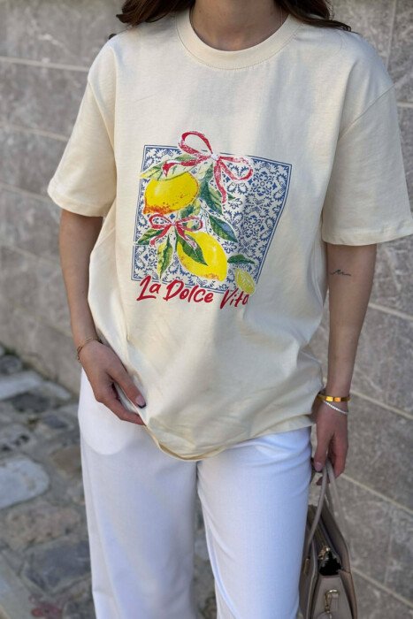 FRONT IMAGE ONE COLOR WOMAN T-SHIRT CREAM/KREM - 3