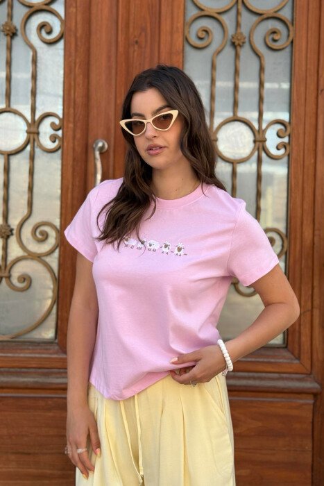 FRONT IMAGE ROUND NECK WOMEN T-SHIRT PINK/ROZE - KLAUDIO FASHION