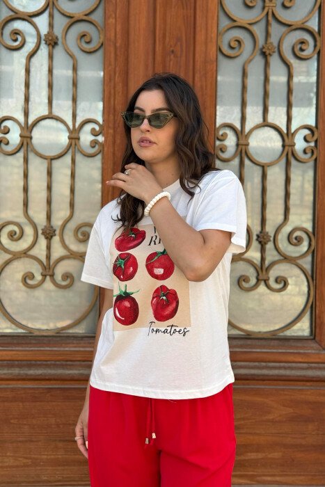FRONT IMAGE ROUND NECK WOMEN T-SHIRT WHITE-E BARDHE - 3