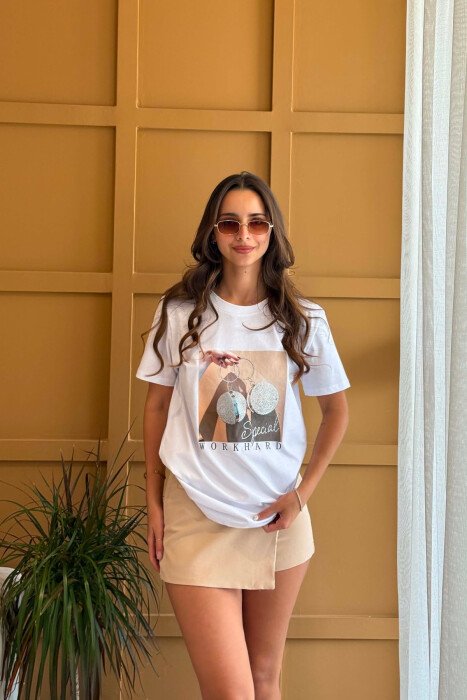 FRONT IMAGE SHINY DETAIL WOMAN T-SHIRT WHITE-E BARDHE - KLAUDIO FASHION