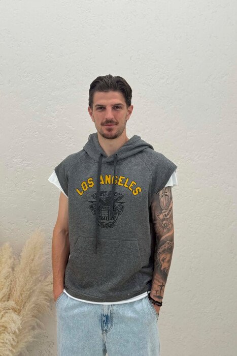 FRONT IMAGE SLEEVELESS HOOD MEN T-SHIRT GREY/GRI - 1