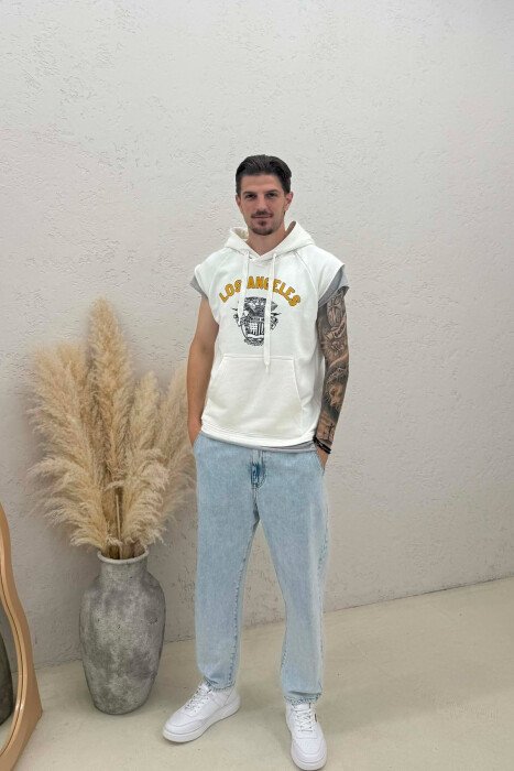 FRONT IMAGE SLEEVELESS HOOD MEN T-SHIRT WHITE-E BARDHE - 3