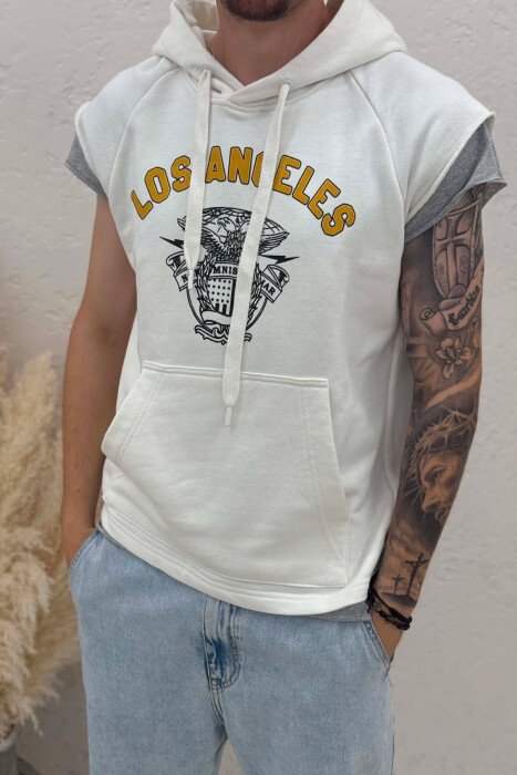FRONT IMAGE SLEEVELESS HOOD MEN T-SHIRT WHITE-E BARDHE - 4