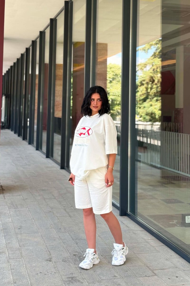 FRONT IMAGE T-SHIRT + SHORT SWEATPANTS WOMAN SET CREAM/KREM - 1