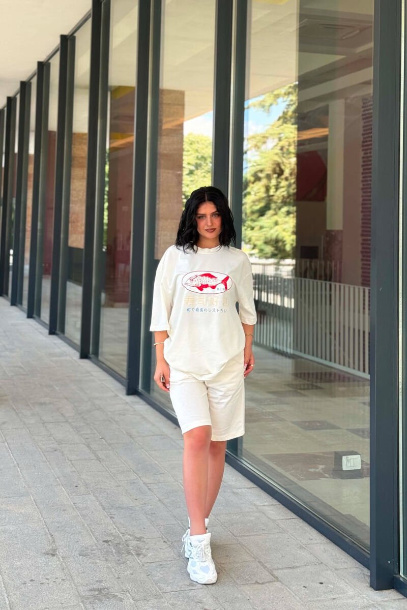 FRONT IMAGE T-SHIRT + SHORT SWEATPANTS WOMAN SET CREAM/KREM - 2