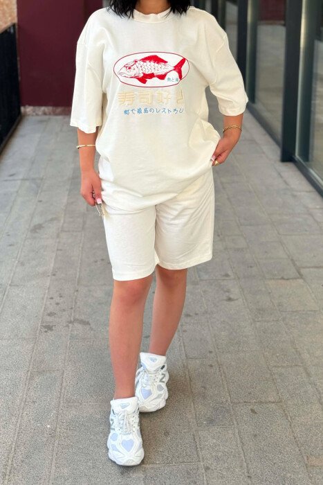 FRONT IMAGE T-SHIRT + SHORT SWEATPANTS WOMAN SET CREAM/KREM - 3
