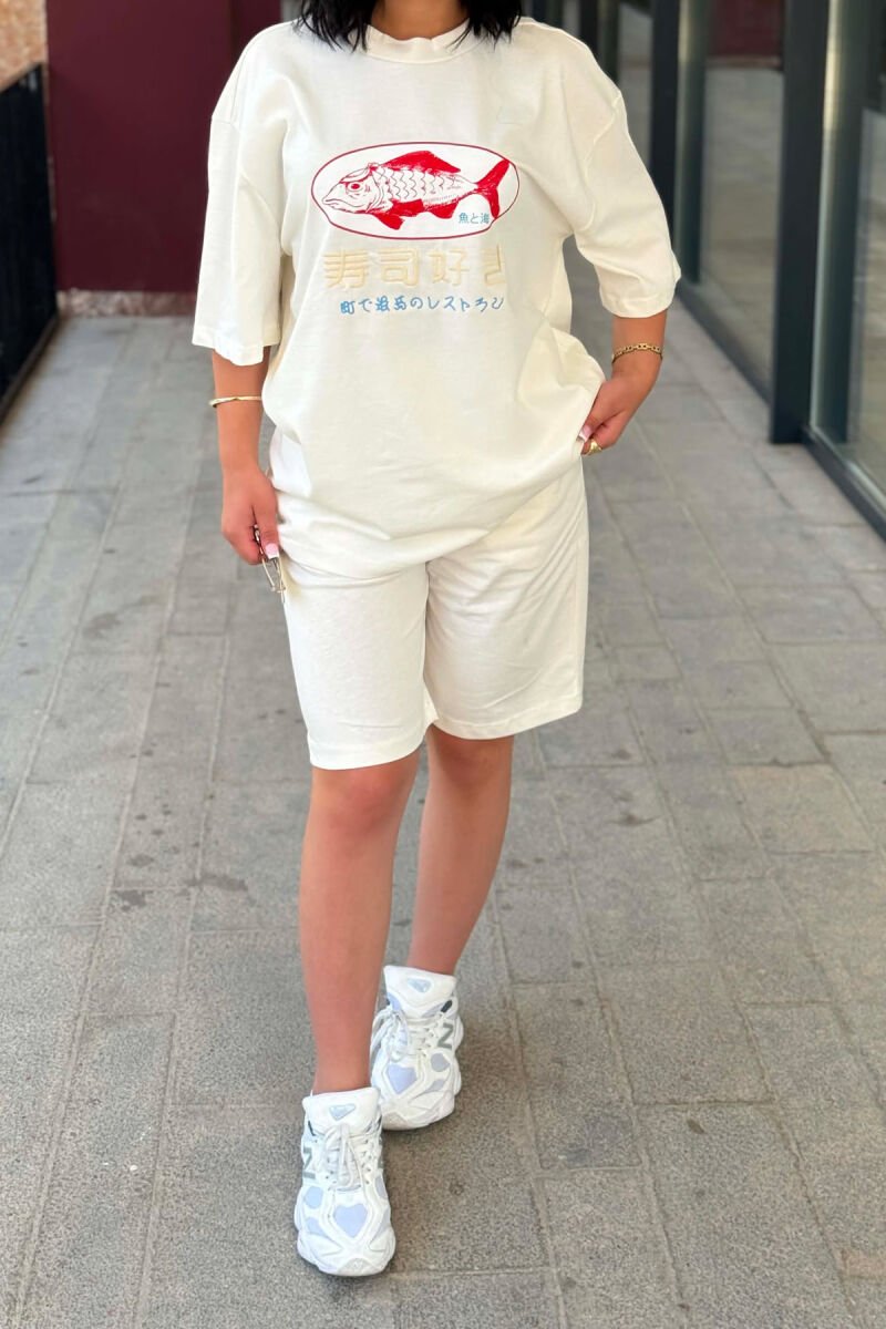 FRONT IMAGE T-SHIRT + SHORT SWEATPANTS WOMAN SET CREAM/KREM - 3