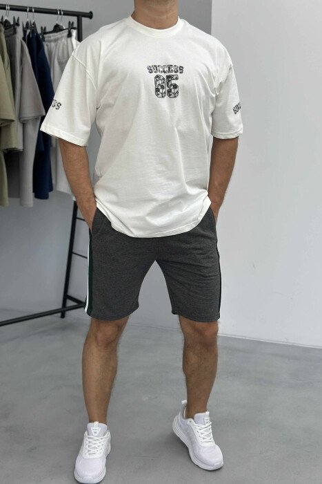 FRONT IMAGE T-SHIRT+SHORTS MEN SET CREAM+GREY/KREM+GRI - KLAUDIO FASHION