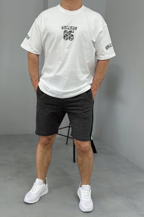 SET ME IMAZH T-SHIRT+PANTALLONA TË SHKURTRA PËR MESHKUJ NË NGJYRËN GRI E ERRËT+E BARDHË 