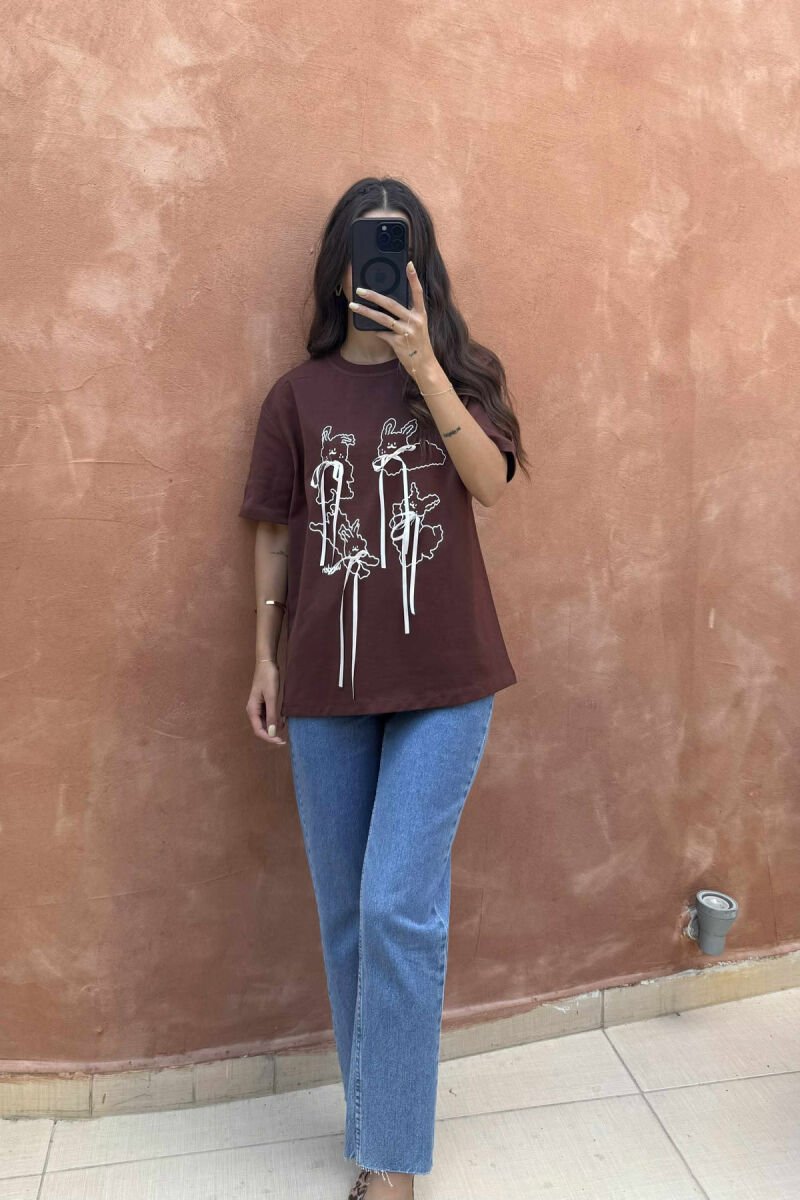 FRONT IMAGES & RIBBONS DETAILS WOMEN T-SHIRT BROWN/KAFE - 1