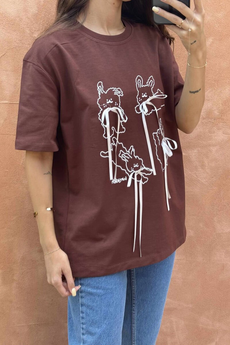 FRONT IMAGES & RIBBONS DETAILS WOMEN T-SHIRT BROWN/KAFE - 2