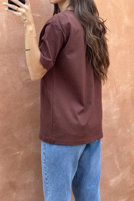 FRONT IMAGES & RIBBONS DETAILS WOMEN T-SHIRT BROWN/KAFE - 3