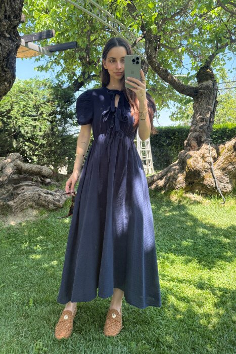FRONT LACING LINEN LONG WOMEN DRESS DARK BLUE/BEE - 1