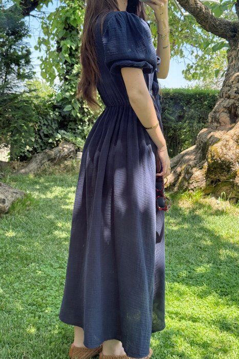 FRONT LACING LINEN LONG WOMEN DRESS DARK BLUE/BEE - 2