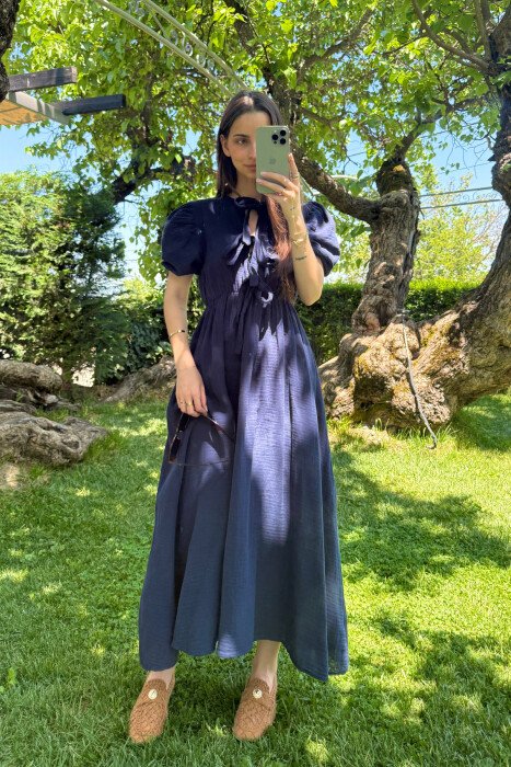 FRONT LACING LINEN LONG WOMEN DRESS DARK BLUE/BEE - 3
